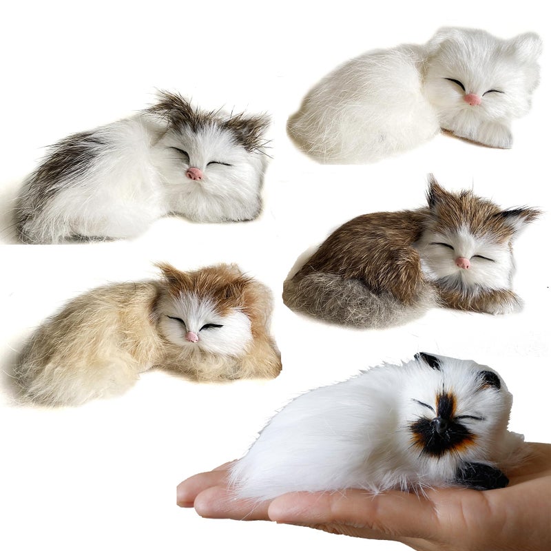 Basuo-9Q Pack of 5 Realistic Furry Baby Cats Figurines Simulation Kittens Home Office Car Decorative Statue Synthetic Little Pet Stuffed House Animal Kitties Replica Photo Props Collectible Gift - Image 1