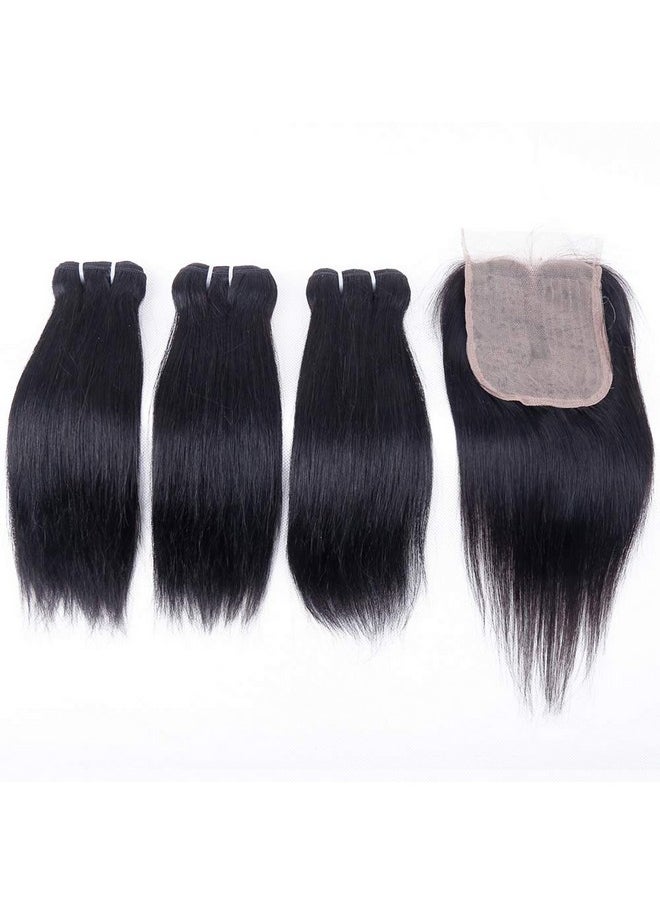 FQ Brazilian Straight Human Hair Bundles With Closure(10 10 10+10) Straight 3 Bundles With Closure 50G/Bundle 10A Unprocessed Straight Virgin Short Bob Hair Bundles With 4X4X1 Handtied Lace Closure  - Image 3