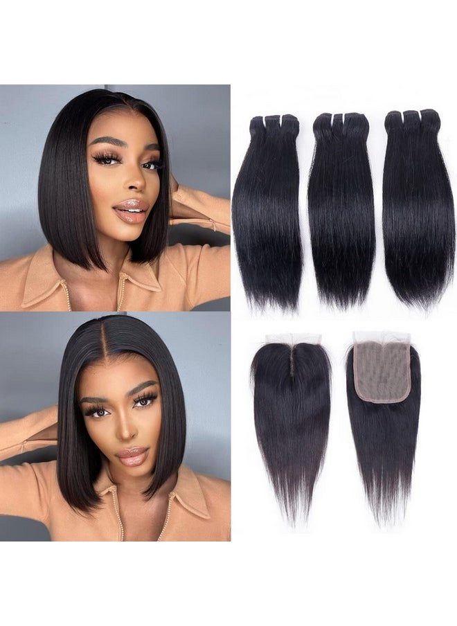FQ Brazilian Straight Human Hair Bundles With Closure(10 10 10+10) Straight 3 Bundles With Closure 50G/Bundle 10A Unprocessed Straight Virgin Short Bob Hair Bundles With 4X4X1 Handtied Lace Closure  - Image 2