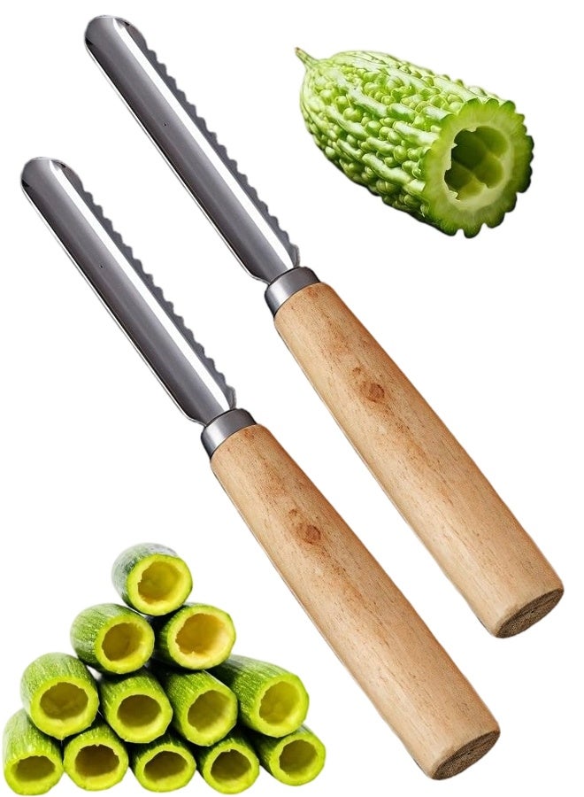2 Pack Stainless Steel Fruit & Veggie Corer For Zucchini, Apples, Eggplant Hollow Out For Stuffing With Wood Handle, Kitchen Coring Tool - Image 1
