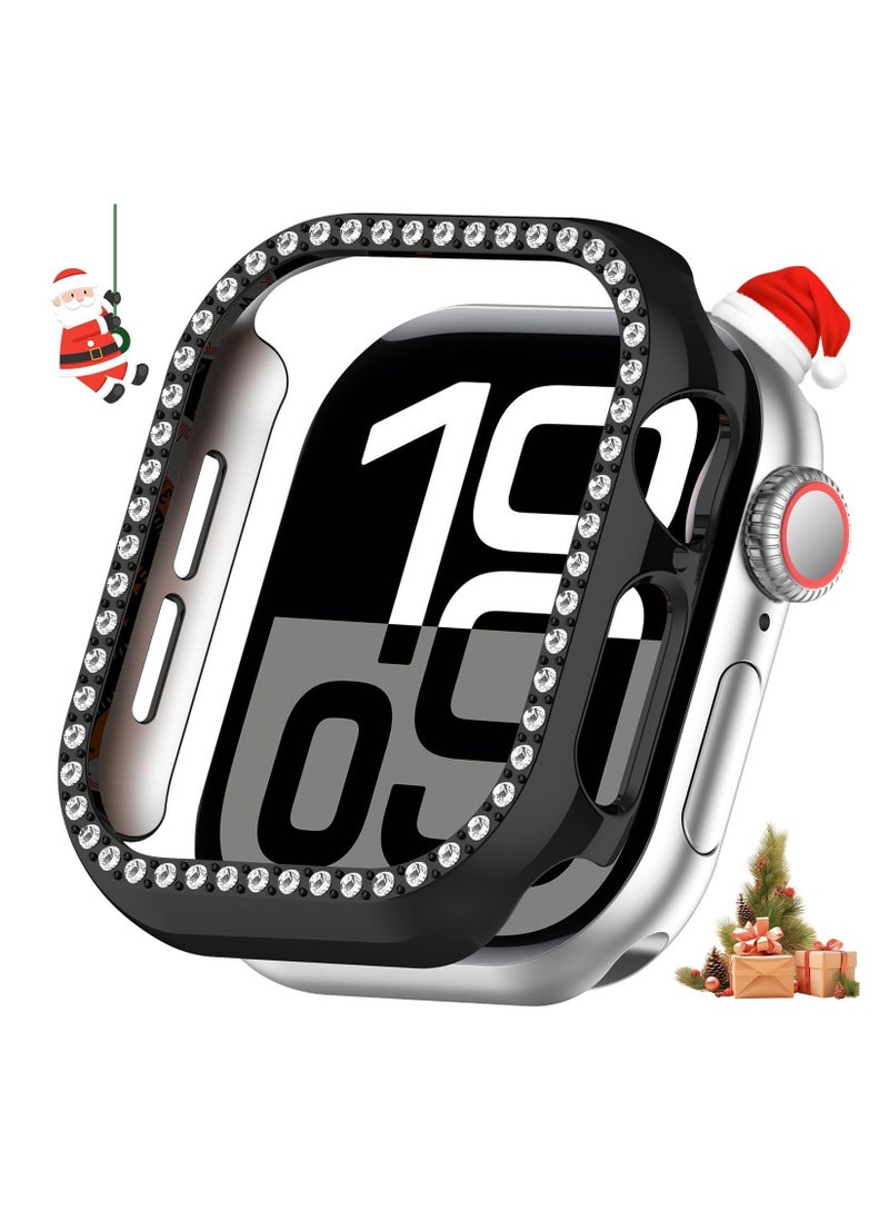 ماركة غير محددة جراب لامع لساعة Apple Watch Series 10 مقاس 42 مم، غطاء صلب لامع من البولي كربونات مع واقي شاشة من الزجاج المقوى، غشاء ممتص للصدمات من الألماس الكريستالي للنساء والفتيات، جراب Apple Watch Series 10 مقاس 42 مم - أسود  - Image 1