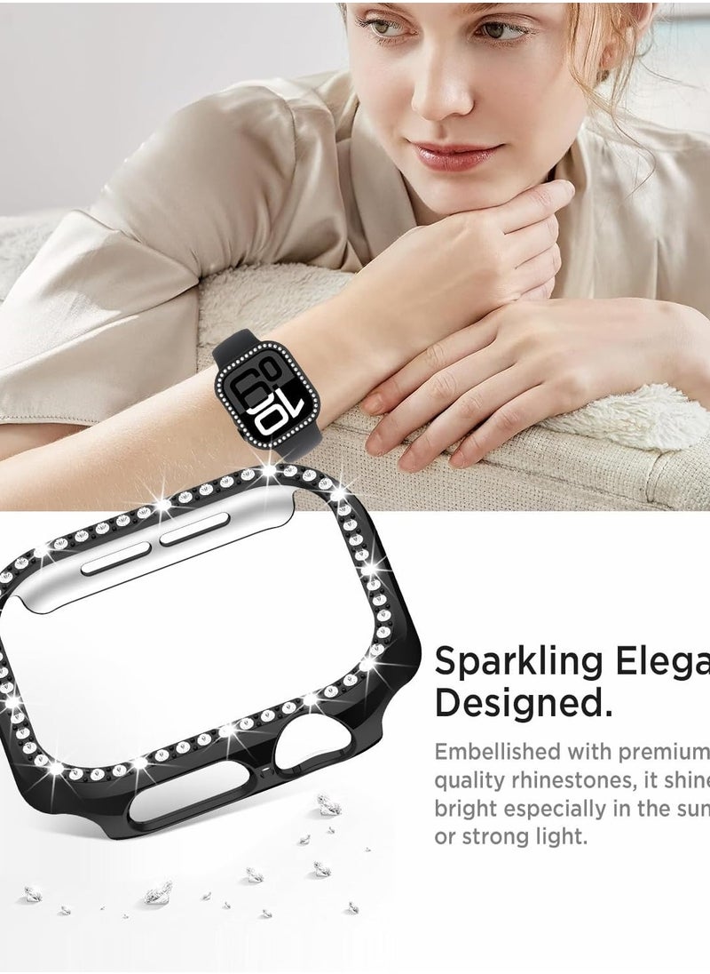 ماركة غير محددة جراب لامع لساعة Apple Watch Series 10 مقاس 42 مم، غطاء صلب لامع من البولي كربونات مع واقي شاشة من الزجاج المقوى، غشاء ممتص للصدمات من الألماس الكريستالي للنساء والفتيات، جراب Apple Watch Series 10 مقاس 42 مم - أسود  - Image 2