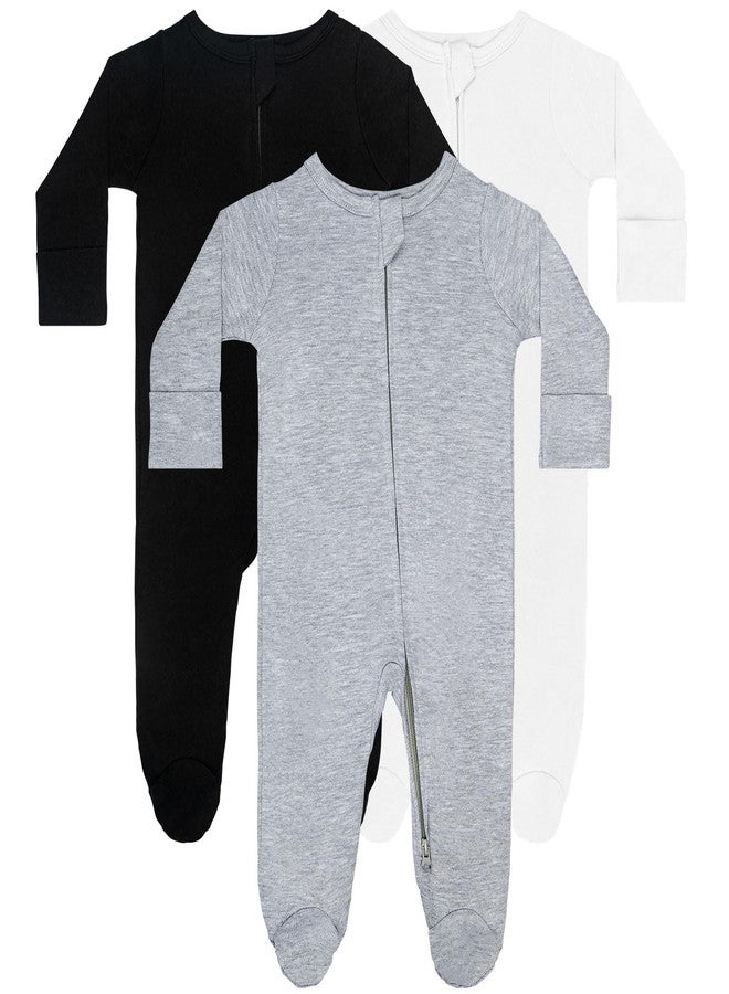 GUISBY Long Sleeve Baby Footed Pajamas with Mittens Cotton Sleepers with Zipper 3-Pack Black+White+Grey Newborn - Image 1