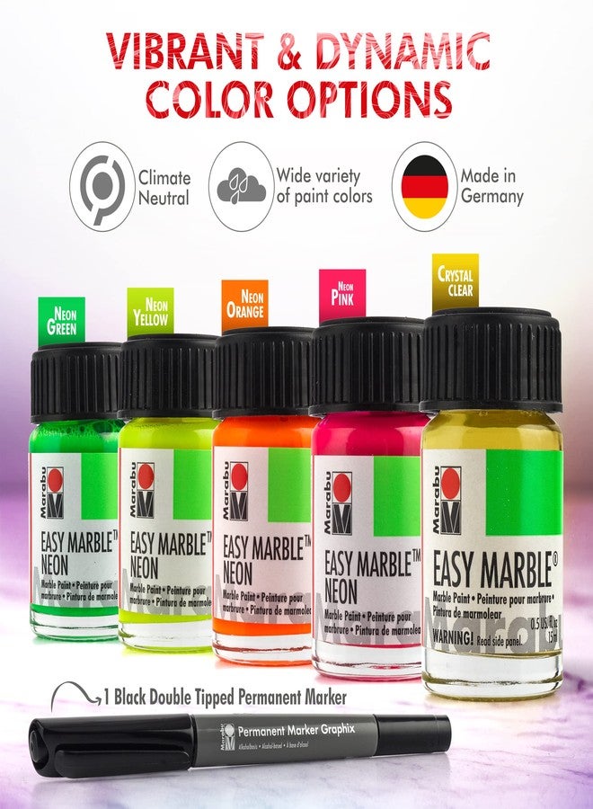 Marabu Easy Marble Paint Set - Neon Colors Starter Set - Marbling Paint Kit for Kids and Adults - Hydro Dipping Paint for Tumblers, Ceramic, Paper, Glass, Plastic - 5 x 15ml Bottles - Image 2