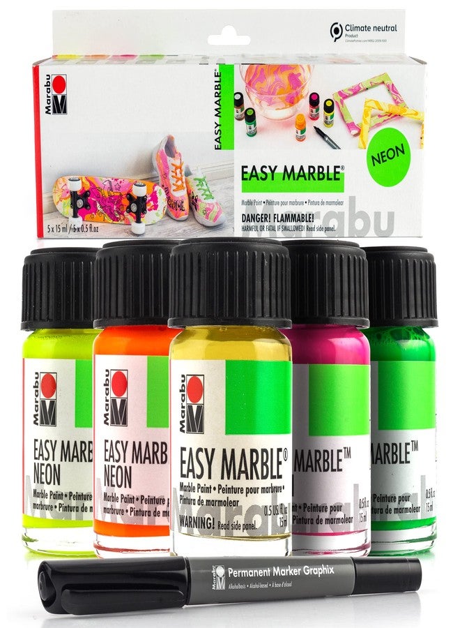 Marabu Easy Marble Paint Set - Neon Colors Starter Set - Marbling Paint Kit for Kids and Adults - Hydro Dipping Paint for Tumblers, Ceramic, Paper, Glass, Plastic - 5 x 15ml Bottles - Image 1