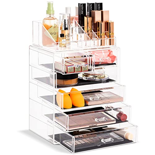 Sorbus Acrylic Makeup Organizer Set 6Drawer Vanity Countertop Cosmetic Storage with Small Wide Compartments Clear Makeup Storage for Brushes Lipsticks Jewelry Holiday Gift for Women Teens