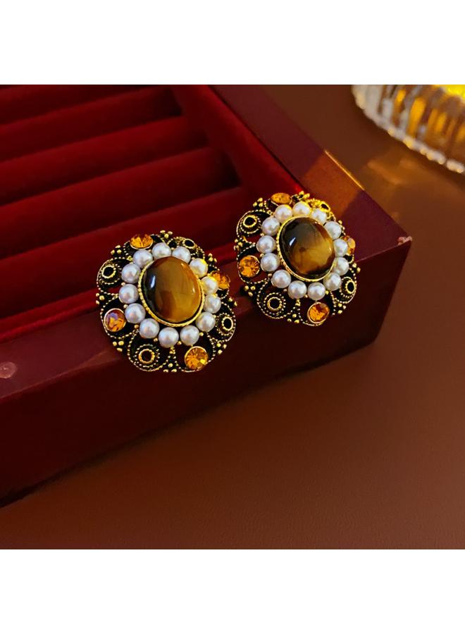 Real Gold Electroplated Round Tiger Eye Stone Ear Buckle Autumn And Winter Retro Fashion Earrings Elegant High Sense Earrings 