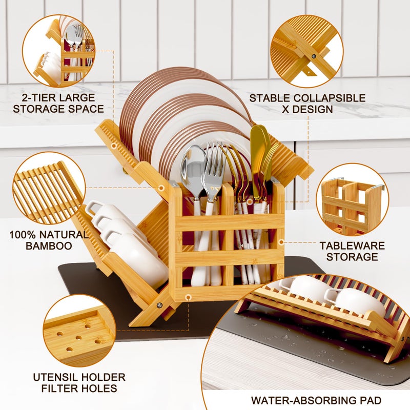 Greenual Bamboo Dish Drying Rack with Utensil Holder, 2 Tier Collapsible Dish Rack, Wooden Dish Racks for Kitchen Counter, Folding Drying Holder with Absorbent Dish Drying Mat - Image 5