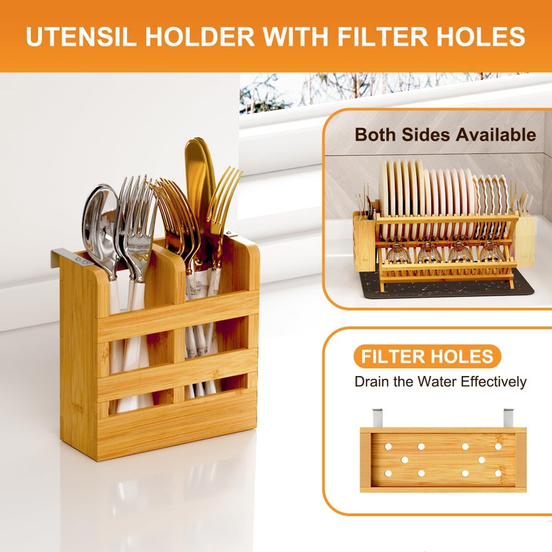 Greenual Bamboo Dish Drying Rack with Utensil Holder, 2 Tier Collapsible Dish Rack, Wooden Dish Racks for Kitchen Counter, Folding Drying Holder with Absorbent Dish Drying Mat - Image 3