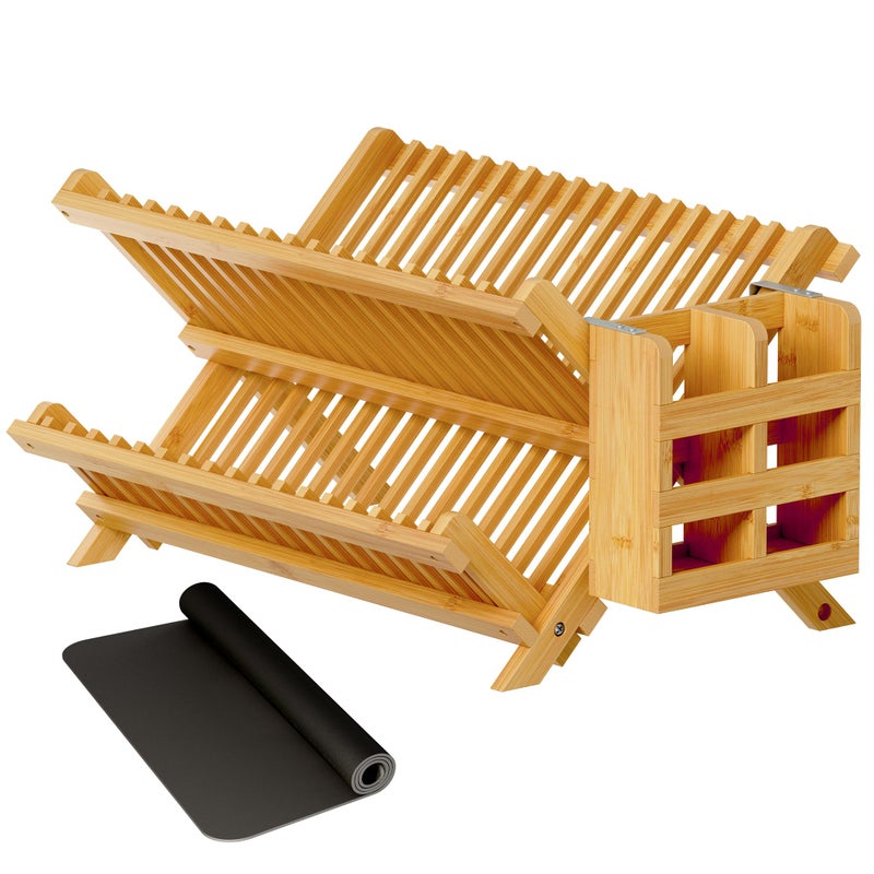 Greenual Bamboo Dish Drying Rack with Utensil Holder, 2 Tier Collapsible Dish Rack, Wooden Dish Racks for Kitchen Counter, Folding Drying Holder with Absorbent Dish Drying Mat - Image 1