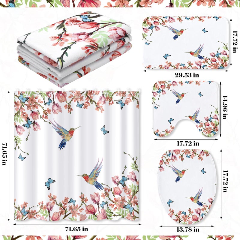 Newwiee Newwiee 7 Pcs Shower Curtain Set Themed Bathroom Decor Shower Curtain and Mats Towels Toilet Mat Waterproof Watercolor Bath Curtain Accessories (Hummingbird) - Image 3
