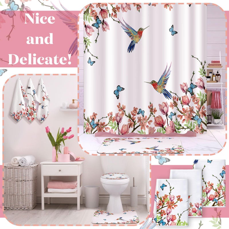 Newwiee Newwiee 7 Pcs Shower Curtain Set Themed Bathroom Decor Shower Curtain and Mats Towels Toilet Mat Waterproof Watercolor Bath Curtain Accessories (Hummingbird) - Image 5