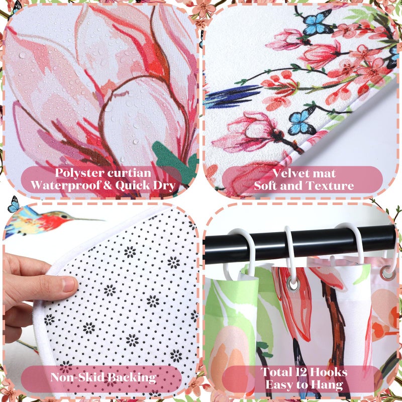 Newwiee Newwiee 7 Pcs Shower Curtain Set Themed Bathroom Decor Shower Curtain and Mats Towels Toilet Mat Waterproof Watercolor Bath Curtain Accessories (Hummingbird) - Image 4