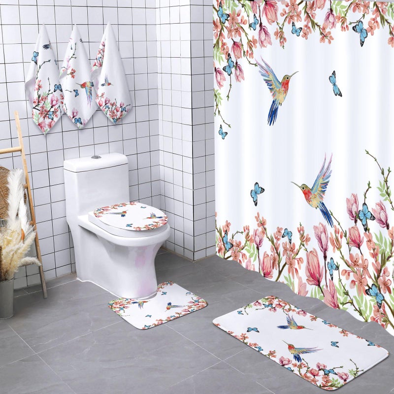 Newwiee Newwiee 7 Pcs Shower Curtain Set Themed Bathroom Decor Shower Curtain and Mats Towels Toilet Mat Waterproof Watercolor Bath Curtain Accessories (Hummingbird) - Image 1
