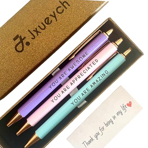 Jxueych Inspirational Metal Pens for Women (3-Pack) - Empowering Quotes: 'AWESOME/AMAZING/APPRECIATED' with Gift Box & Card - Gifts for Nurses, Teachers, Coworkers & Farewells - Image 1