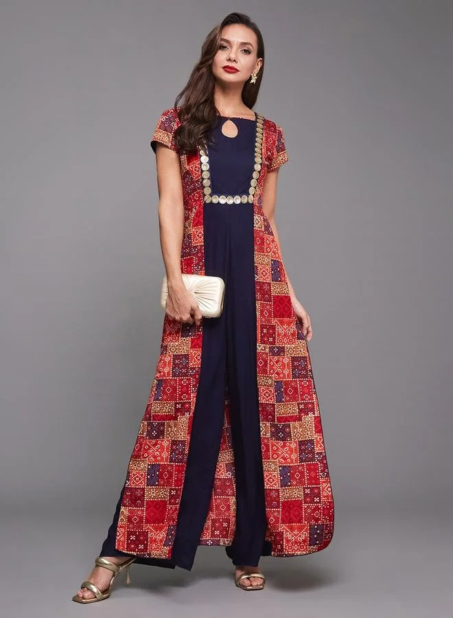 Styli Bohemian Printed Panel Wide Leg Keyhole Neck Jumpsuit
