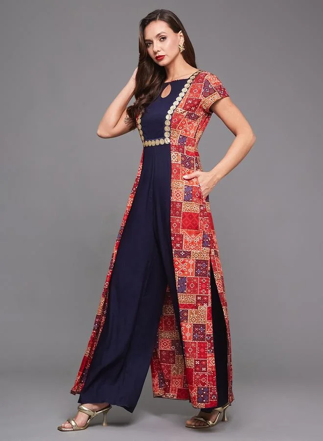 Styli Bohemian Printed Panel Wide Leg Keyhole Neck Jumpsuit
