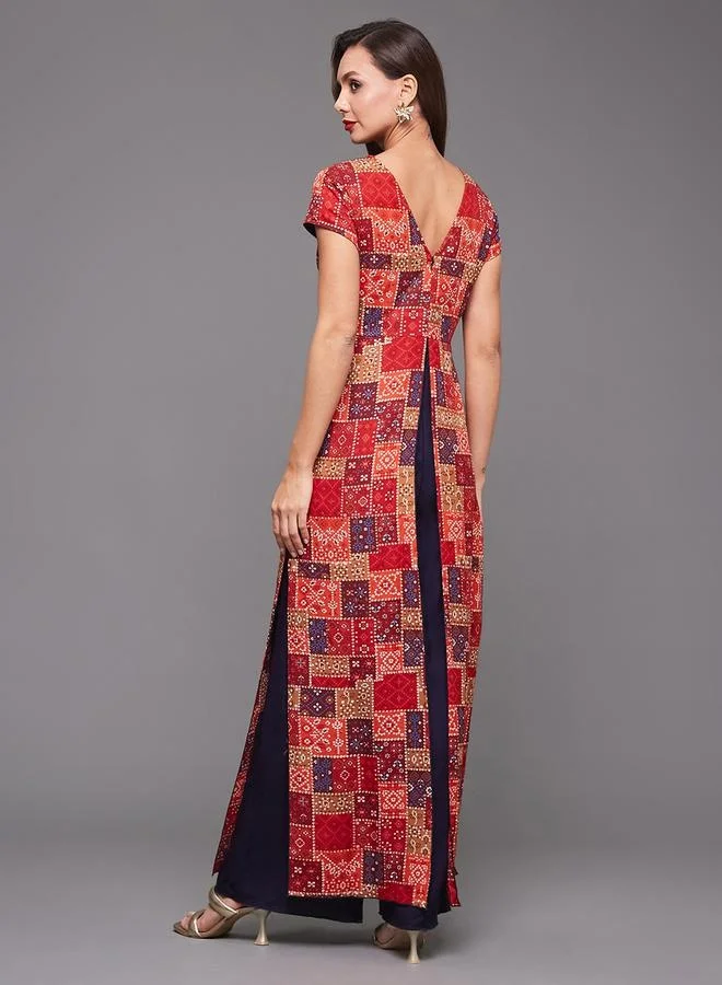 Styli Bohemian Printed Panel Wide Leg Keyhole Neck Jumpsuit