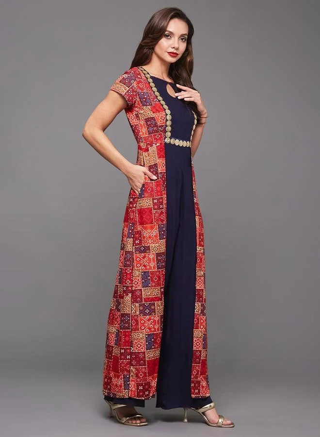 Styli Bohemian Printed Panel Wide Leg Keyhole Neck Jumpsuit