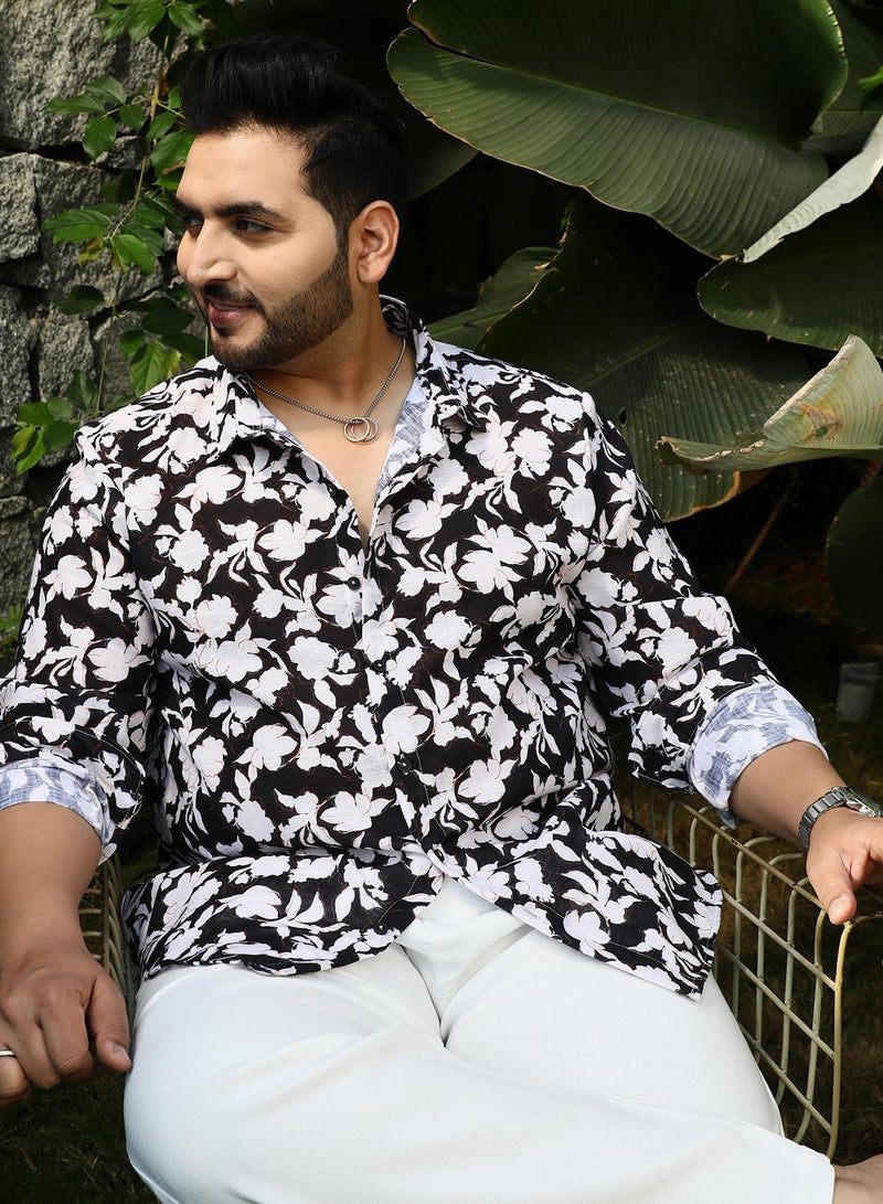 Instafab Plus Men's Black & White Everbloom Regular Shirt For Casual Wear | Spread Collar | Long Cuffed Sleeves | Button Closure | Plus Size Shirt Crafted With Comfort Fit For Everyday Wear - Image 1