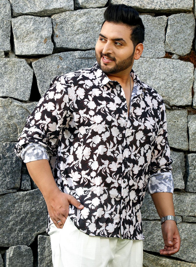 Instafab Plus Men's Black & White Everbloom Regular Shirt For Casual Wear | Spread Collar | Long Cuffed Sleeves | Button Closure | Plus Size Shirt Crafted With Comfort Fit For Everyday Wear - Image 3