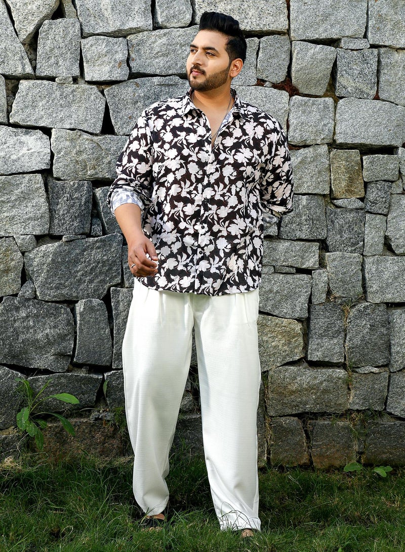 Instafab Plus Men's Black & White Everbloom Regular Shirt For Casual Wear | Spread Collar | Long Cuffed Sleeves | Button Closure | Plus Size Shirt Crafted With Comfort Fit For Everyday Wear - Image 5