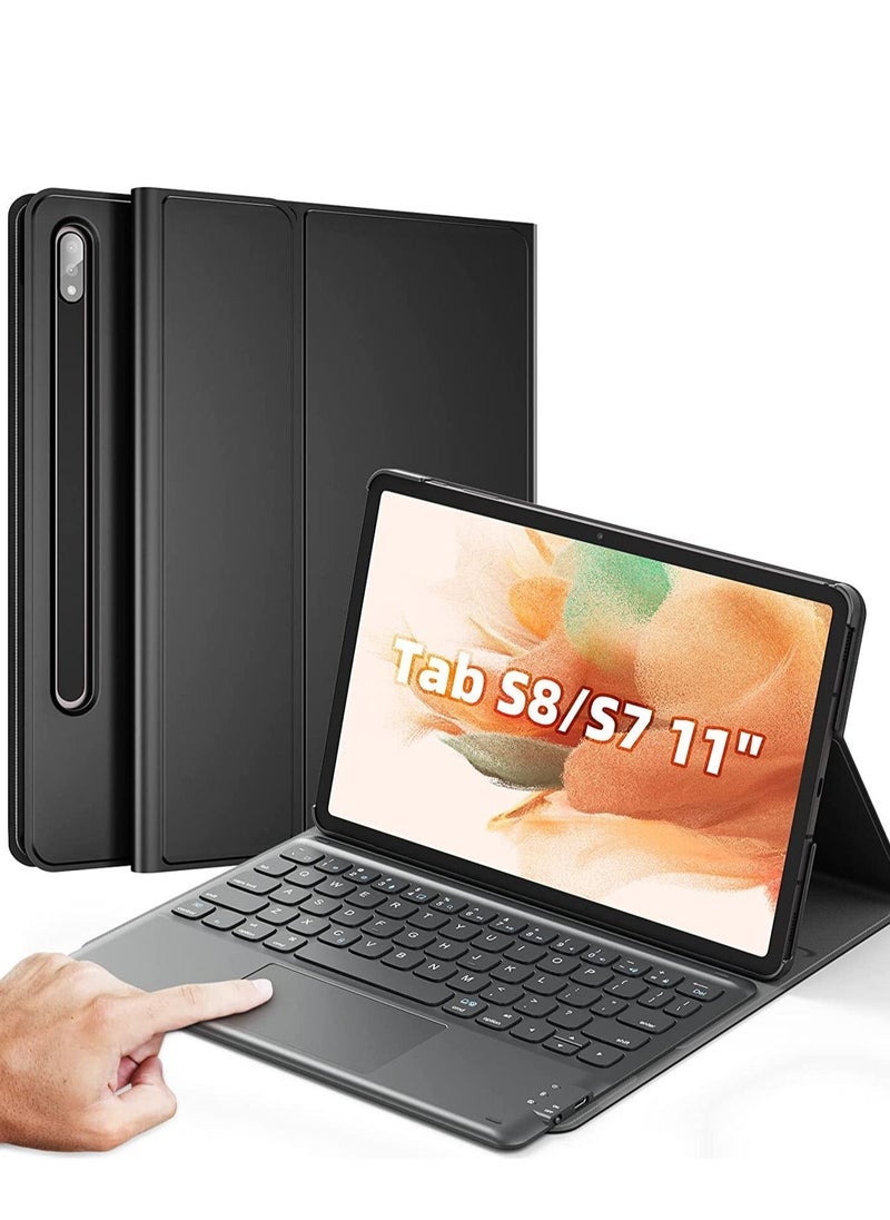Gravity Galaxy Tab S8 Keyboard Case, Touchpad with S Pen Slot, for Samsung Galaxy Tab S8 / S7 11 inch SM-X700 / X706 / T870 / T875 / T878, Rechargeable & Detachable BT Keyboard, PU Slim Cover, Black - Image 1
