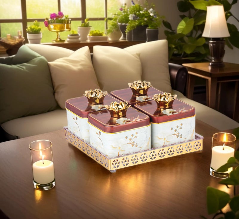 Nabhya Plastic Sparkle 4Pc 360 Revolving Airtight Dry Fruit Containers Set With Lid & Serving Tray, Dry Fruit Box For Serving Sweets,Candy, Pickle, Mukhwas (Pack Of 4) (White), Beige - Image 4
