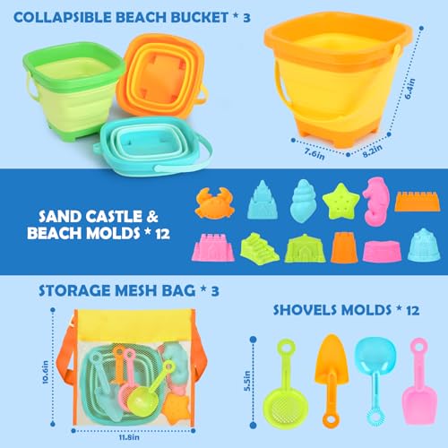 Dreamon Beach Toys for Kids 310 Collapsible Sand Toys Include 3 Pack Foldable Buckets with Mesh Bag 24 PCS Beach Mold and Shovels Molds Travel Sandbox Beach Toys for Toddler - Image 5