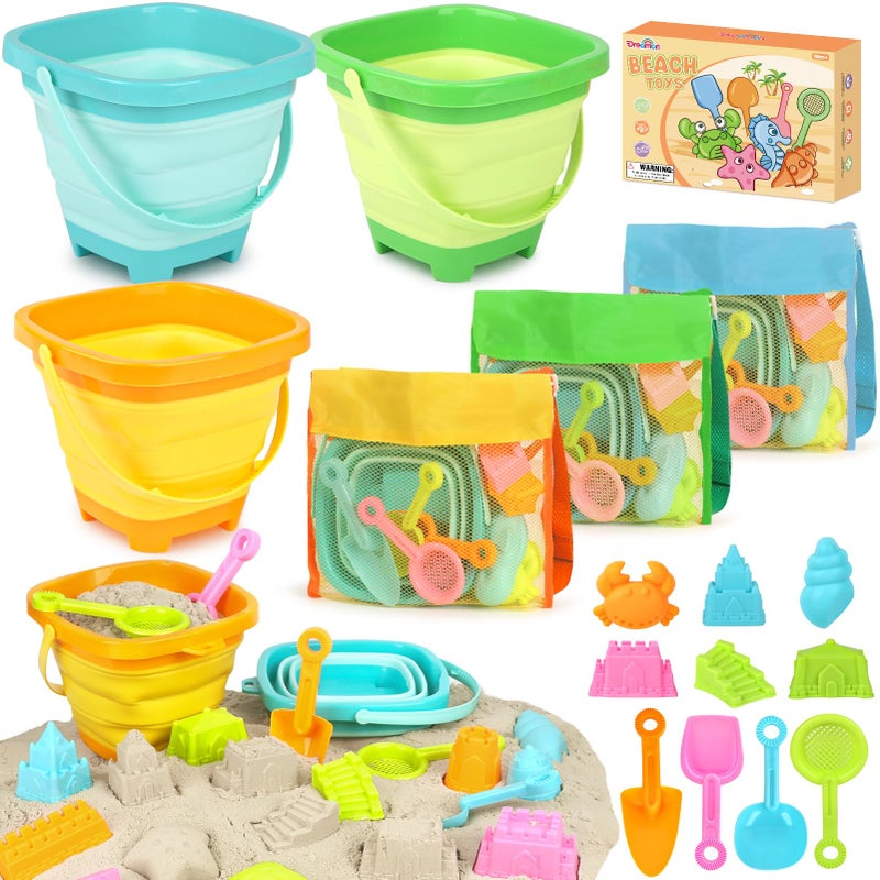 Dreamon Beach Toys for Kids 310 Collapsible Sand Toys Include 3 Pack Foldable Buckets with Mesh Bag 24 PCS Beach Mold and Shovels Molds Travel Sandbox Beach Toys for Toddler - Image 3