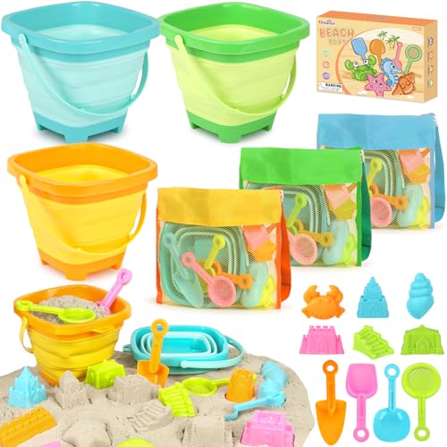 Dreamon Beach Toys for Kids 310 Collapsible Sand Toys Include 3 Pack Foldable Buckets with Mesh Bag 24 PCS Beach Mold and Shovels Molds Travel Sandbox Beach Toys for Toddler - Image 1