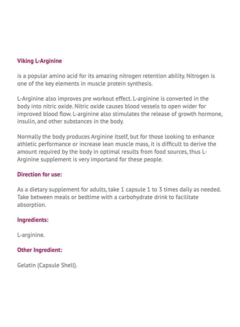 VIKING FORCE LABORATORIES Viking L-Arginine capsules- Amino Acid for Nitrogen retention, 120 capsules - Image 4