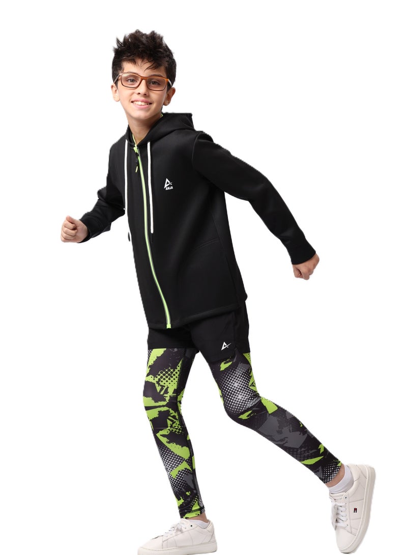 Boys' Black Sweatshirt with Green Zipper – Soft, Durable Fabric
