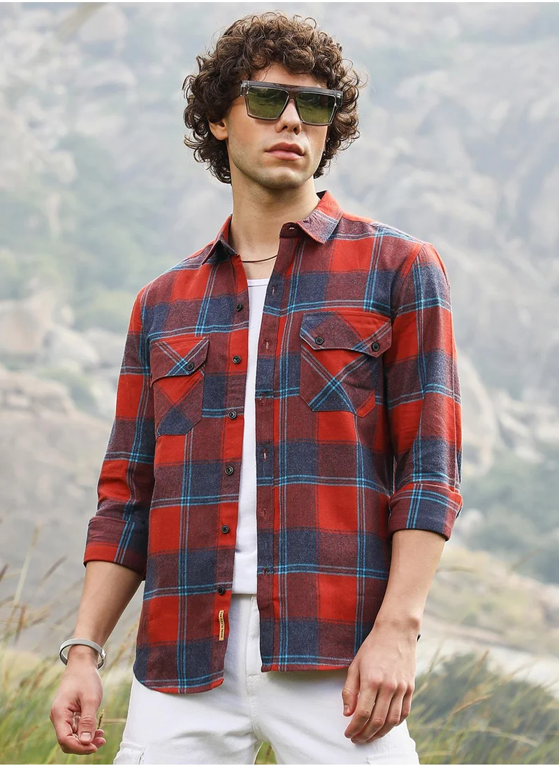 Campus Sutra Men's Scarlet Red & Steel Blue Buffalo Check Utility Shirt