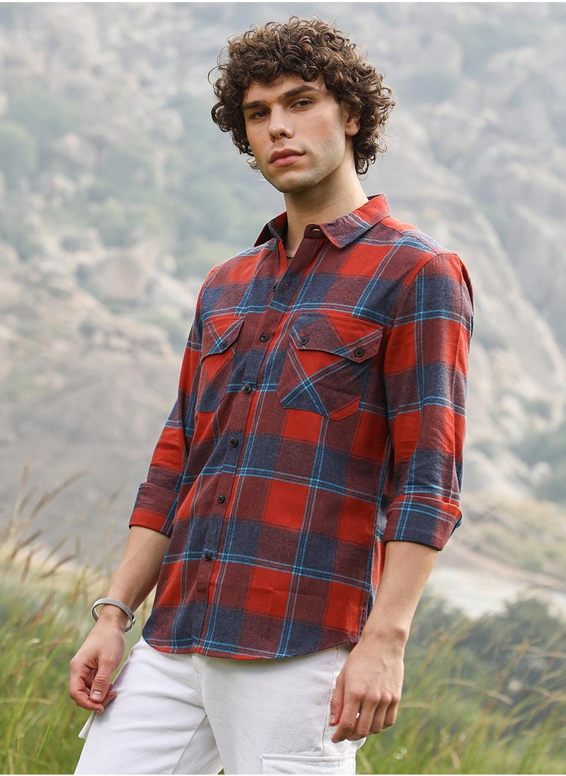 Campus Sutra Men's Scarlet Red & Steel Blue Buffalo Check Utility Shirt  - Image 3