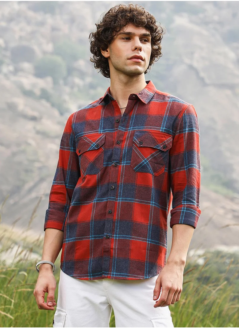 Campus Sutra Men's Scarlet Red & Steel Blue Buffalo Check Utility Shirt