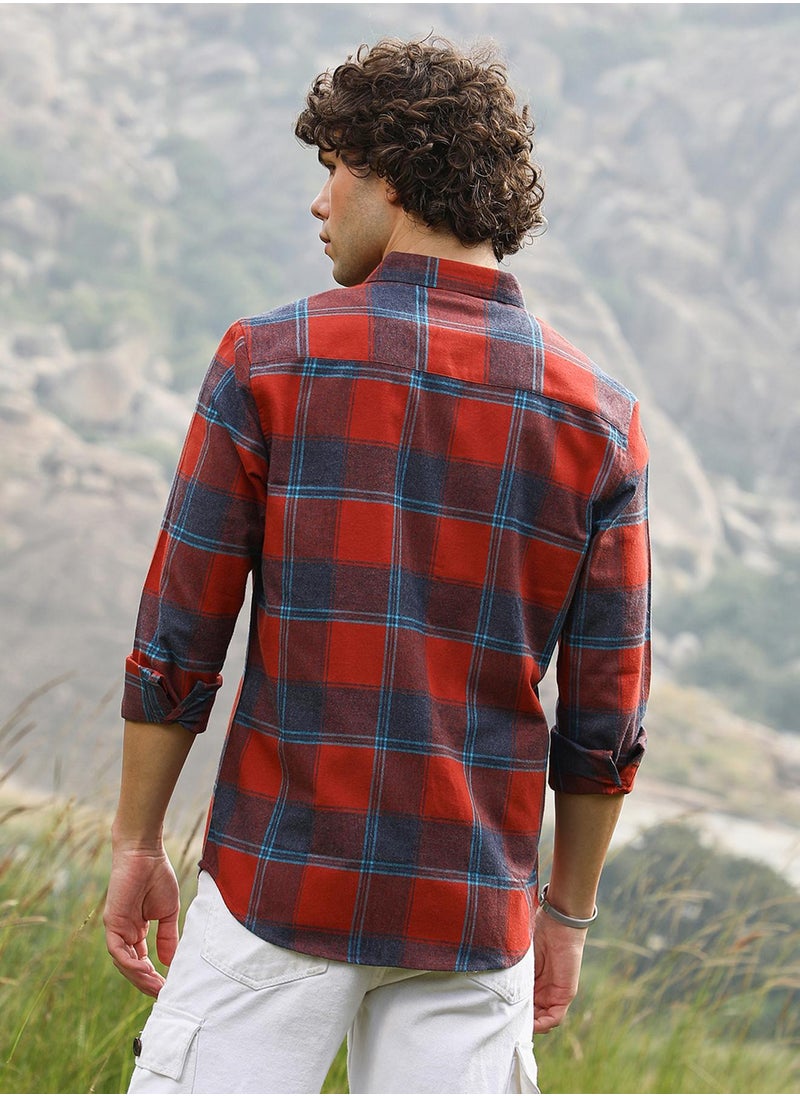 Campus Sutra Men's Scarlet Red & Steel Blue Buffalo Check Utility Shirt  - Image 5