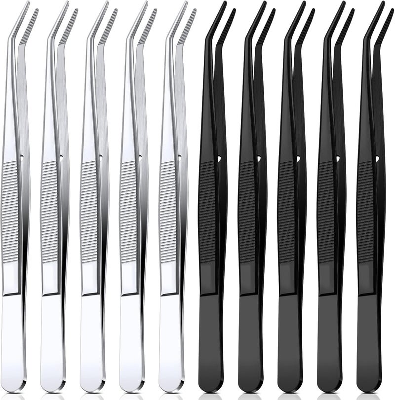 Honoson 10 Pcs Stainless Steel Tweezers with Curved Serrated Tip Multipurpose Tweezers Sewing Machine Tweezers Forceps Tweezers for Craft (Silver,Black) - Image 1