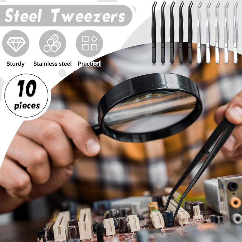 Honoson 10 Pcs Stainless Steel Tweezers with Curved Serrated Tip Multipurpose Tweezers Sewing Machine Tweezers Forceps Tweezers for Craft (Silver,Black) - Image 4