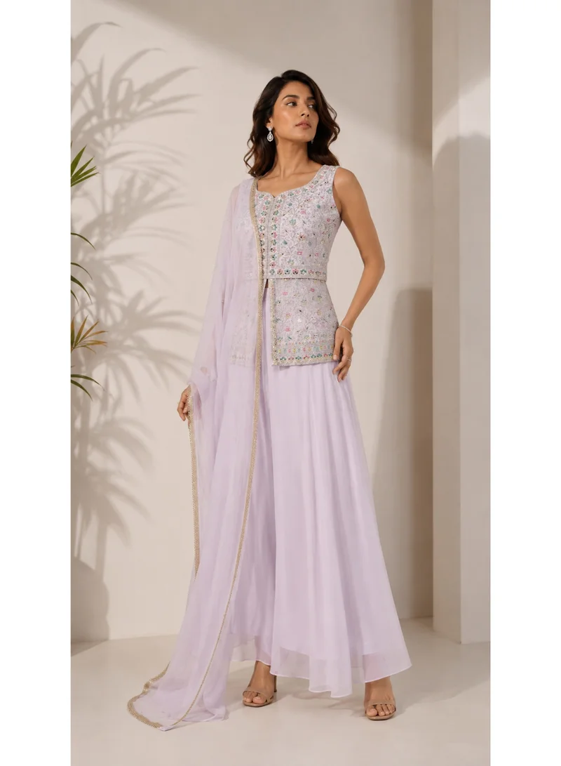 Lehar 3-Piece Pastel Pink Floral Embellished Sleeveless Sharara Set