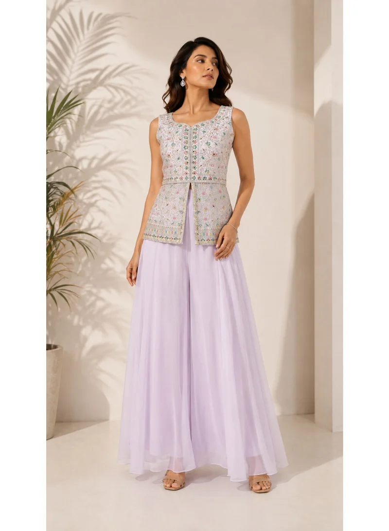 Lehar 3-Piece Pastel Pink Floral Embellished Sleeveless Sharara Set