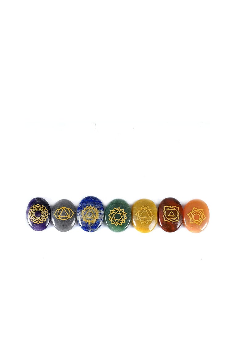 REBUY REBUY 7 Chakra (Oval Shape) Symbol Engraved Set Healing Gemstone for Reiki Healing Crystal Healing Holistic Balancing Polished Palm Stones  - Image 2