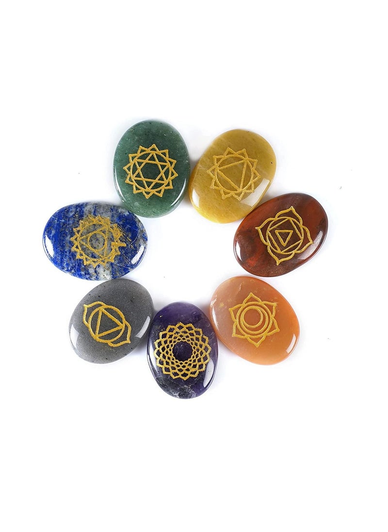 REBUY REBUY 7 Chakra (Oval Shape) Symbol Engraved Set Healing Gemstone for Reiki Healing Crystal Healing Holistic Balancing Polished Palm Stones  - Image 1