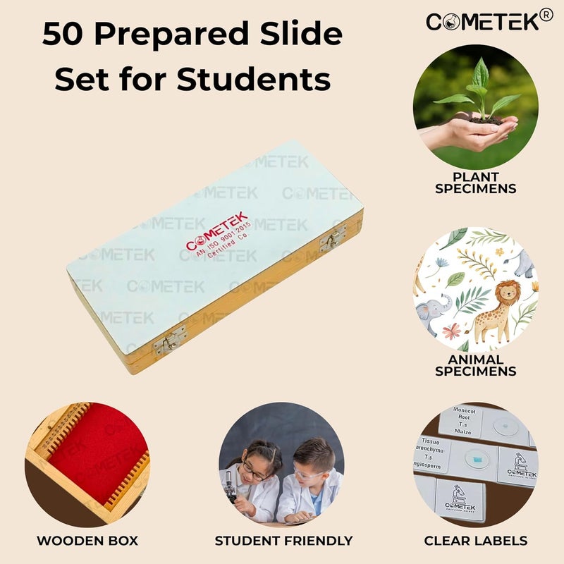 Comet مجموعة شرائح المجهر المعدة من 50 في صندوق خشبي – شرائح تعليمية في علم الأحياء، علم الحيوان وعلم الأنسجة للطلاب والمدارس - Image 2