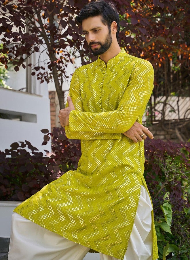 see designs Ethnic Motifs Embroidered Kurta with Patiala for Men - Image 5
