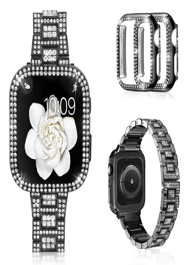 Mosonio Compatible with Apple Watch Band 40mm with Case Women, Bling Metal Wristband Strap with 2 Pack Bling PC Protective Cover for iWatch SE Series 6/5/4(40mm, Black) - Image 1