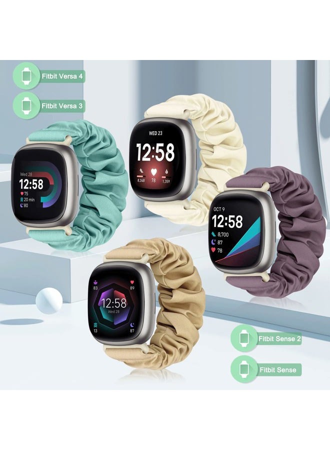 ShuYo Scrunchie Bands Compatible with Fitbit Sense/Sense 2 / Versa 3 / Versa 4 for Women,4 Pack Elastic Nylon Scrunchy Replacement Strap Soft Stretchy Wristband for Fitbit Versa 3 Smart Watch - Image 2