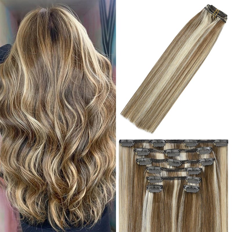 WindTouch Clip in Hair Extensions Human Hair Balayage Medium Light Brown to Blonde 15Inch 70g Hair Extensions for Blonde Remy Hair Straight 7PCS 6p613 Gift for Women