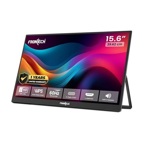 FRONTECH 15.6" Portable LED Monitor, Full HD IPS, Dual Type-C & Mini HDMI, Built-in Speakers, 180° Stand, Works with Laptop/PS5/Switch/Phone, 1-Year Warranty (MON-0023) - Image 1