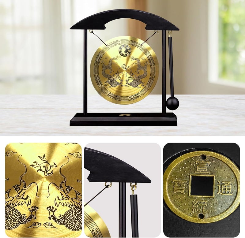 BIGTREE Feng Shui Brass Gong 8.26inch/21cm Desktop Wind Gong Copper Zen Chinese Table Gong Hand Gong For Housewarming Home Decor Oriental Chinese Mysterious Decor Gifts - Image 2